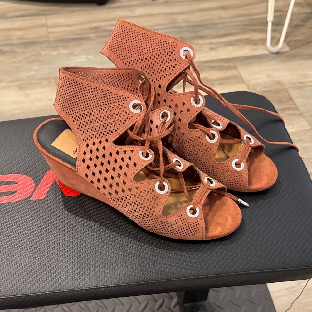 Brown Perforated Lace-Up Wedge Sandals